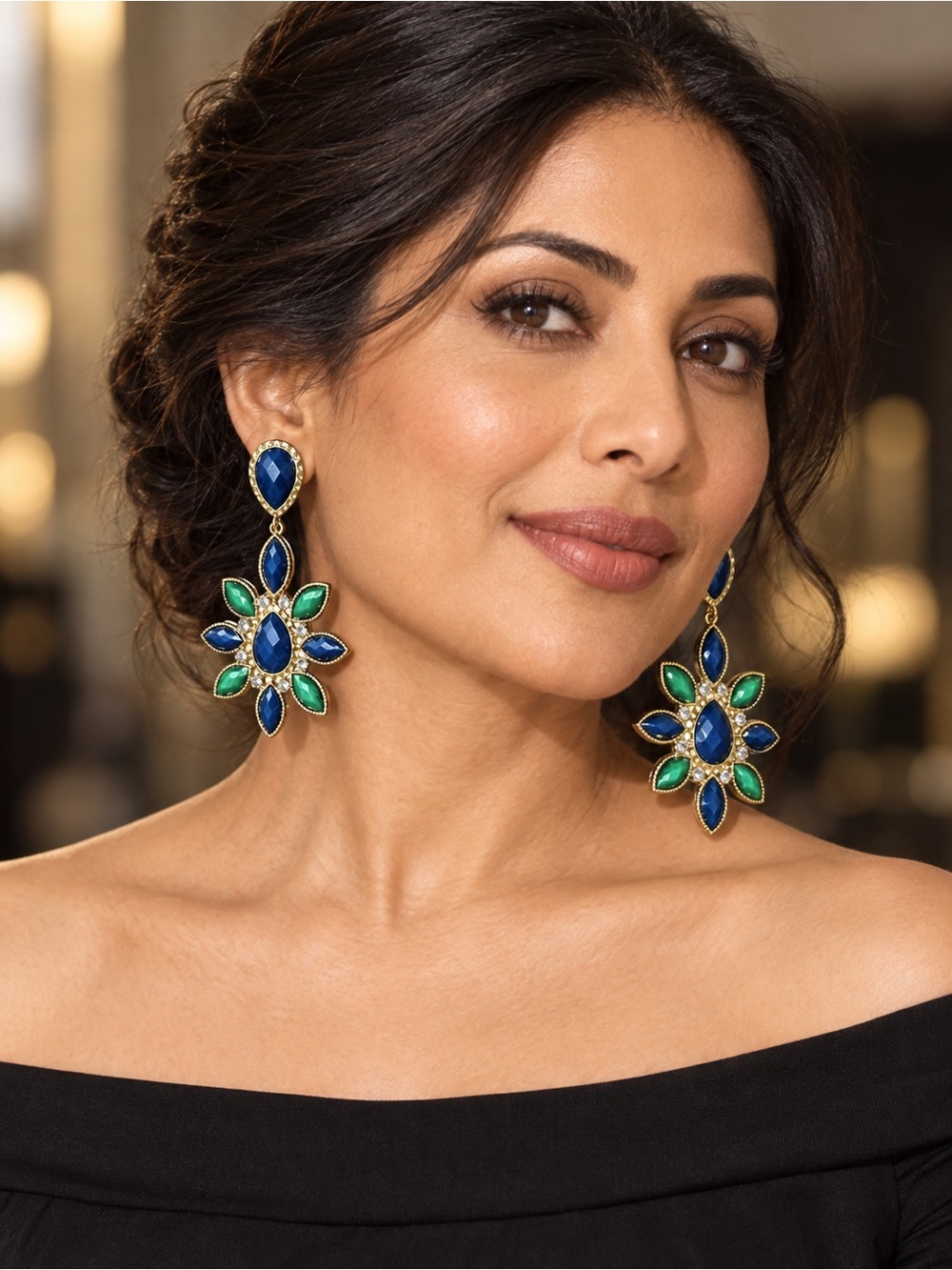 Amrita Singh Sapphire & Emerald Floral Statement Earrings – Bold Glam Sparkle